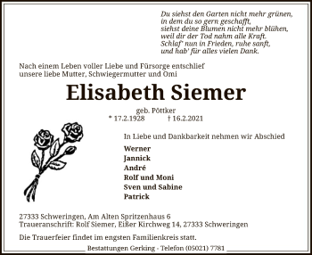 Traueranzeige von Elisabeth Siemer von SYK