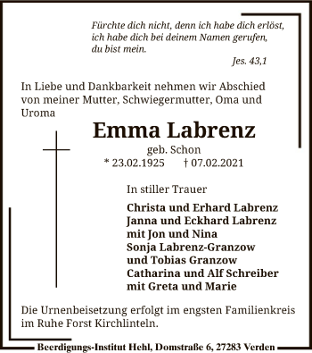 Traueranzeige von Emma Labrenz von SYK