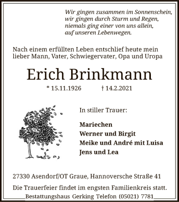 Traueranzeige von Erich Brinkmann von SYK