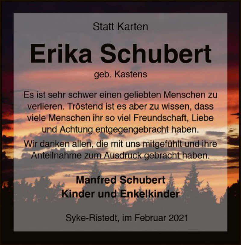  Traueranzeige für Erika Schubert vom 06.02.2021 aus SYK
