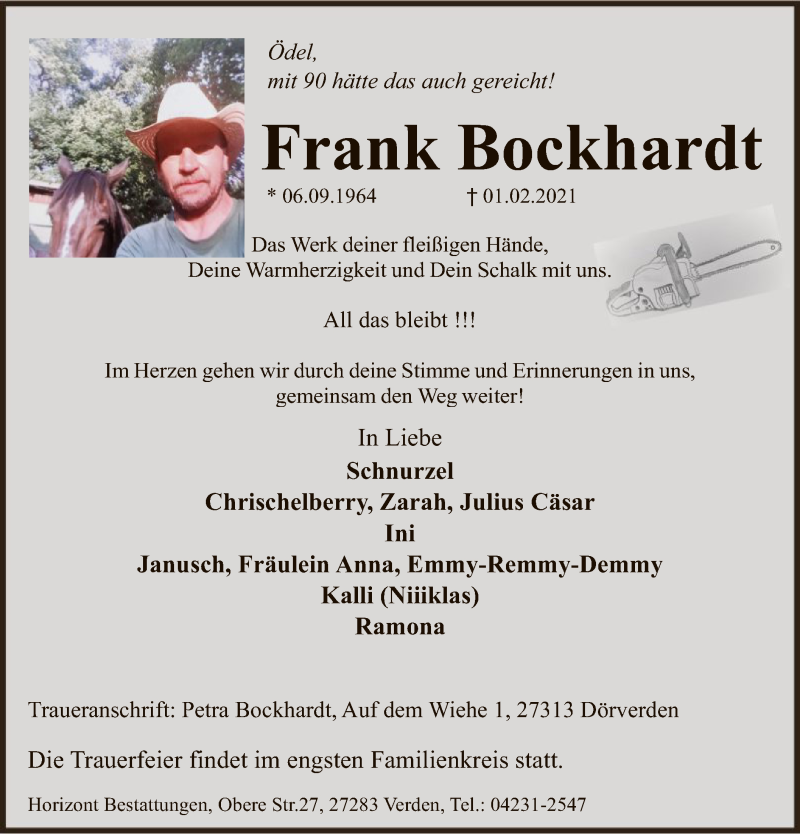  Traueranzeige für Frank Bockhardt vom 13.02.2021 aus SYK