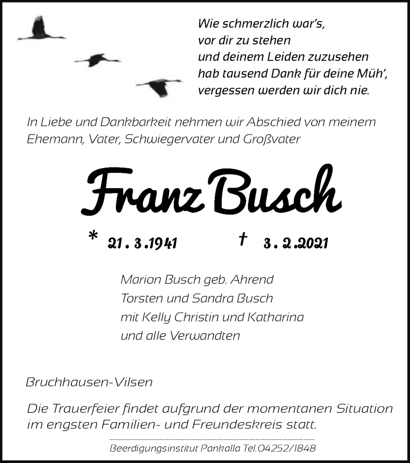  Traueranzeige für Franz Busch vom 06.02.2021 aus SYK