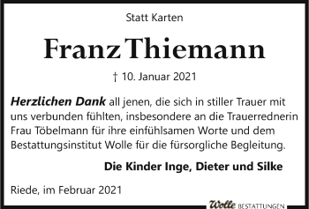 Traueranzeige von Franz Thiemann von SYK