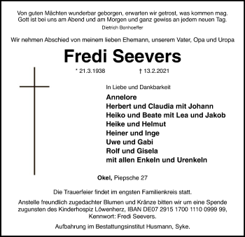 Traueranzeige von Fredi Seevers von SYK