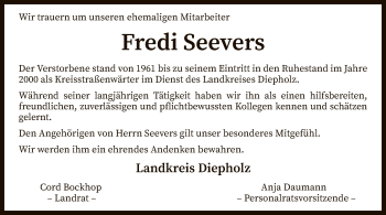 Traueranzeige von Fredi Seevers von SYK