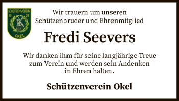 Traueranzeige von Fredi Seevers von SYK