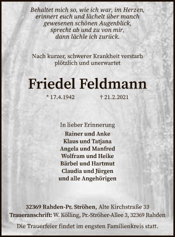 Traueranzeige von Friedel Feldmann von SYK