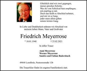 Traueranzeige von Friedrich Meyerrose von SYK