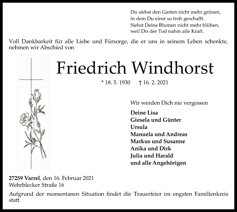  Traueranzeige für Friedrich Windhorst vom 20.02.2021 aus SYK