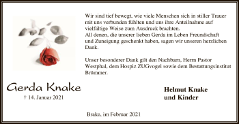 Traueranzeige von Gerda Knake von SYK