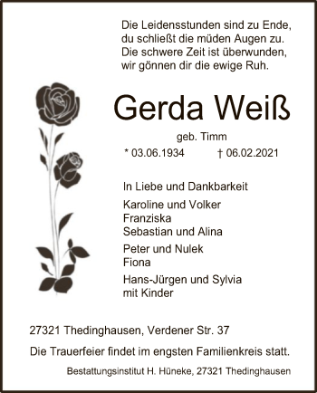 Traueranzeige von Gerda Weiß von SYK