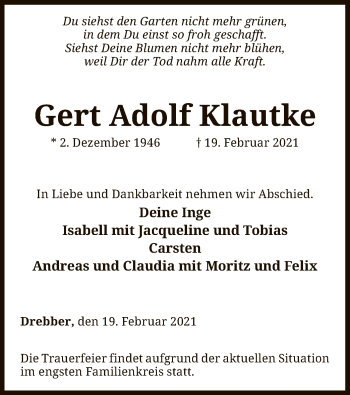 Traueranzeige von Gert Adolf Klautke von SYK