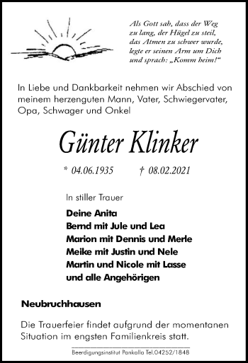 Traueranzeige von Günter Klinker von SYK