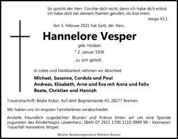 Traueranzeige von Hannelore Vesper von SYK