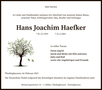 Traueranzeige von Hans Joachim Haefker von SYK