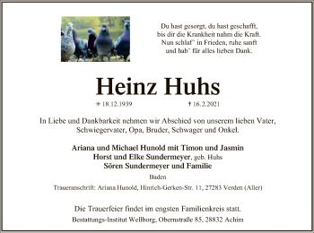 Traueranzeige von Heinz Huhs von SYK