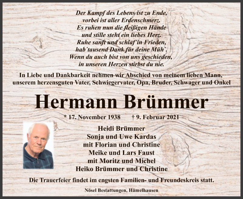  Traueranzeige für Hermann Brümmer vom 12.02.2021 aus SYK