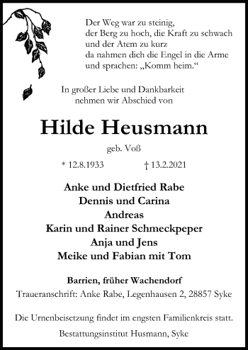 Traueranzeige von Hilde Heusmann von SYK