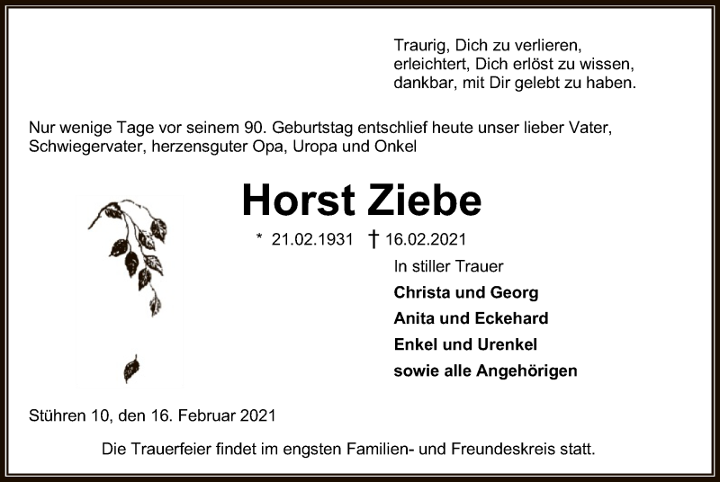  Traueranzeige für Horst Ziebe vom 19.02.2021 aus SYK