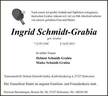 Traueranzeige von Ingrid Schmidt-Grabia von SYK