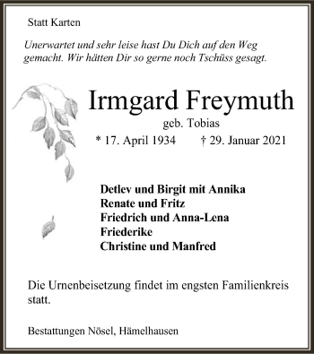 Traueranzeige von Irmgard Freymuth von SYK