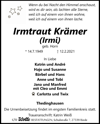 Traueranzeige von Irmtraut Krämer von SYK