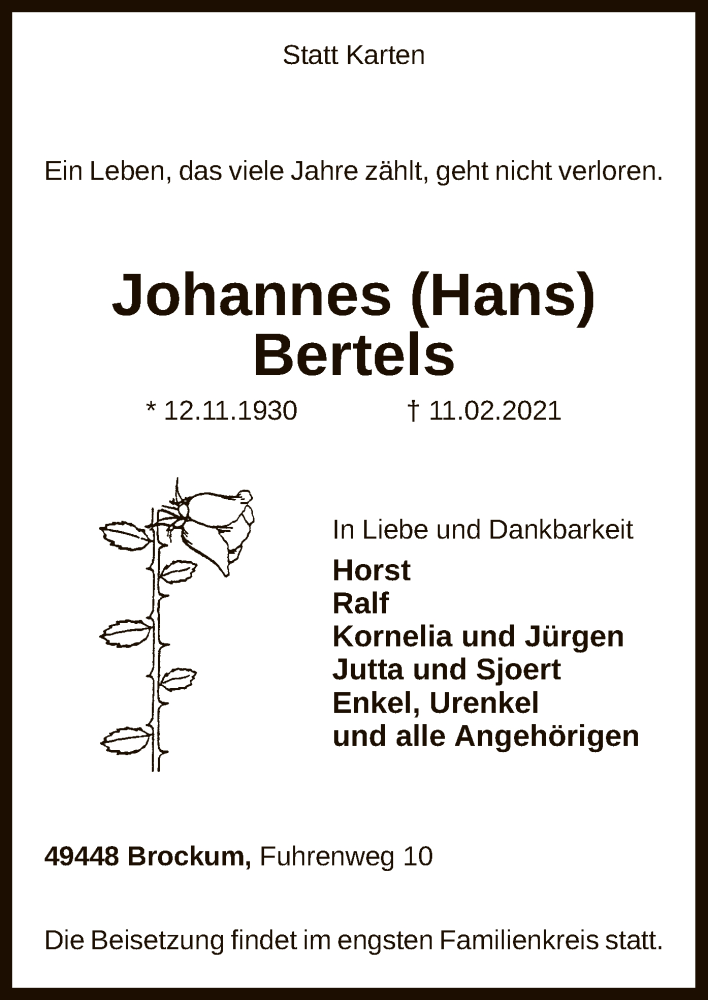  Traueranzeige für Johannes Bertels vom 15.02.2021 aus SYK