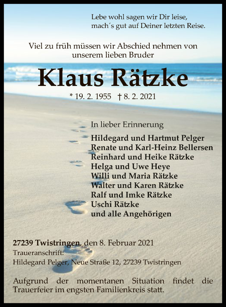  Traueranzeige für Klaus Rätzke vom 20.02.2021 aus SYK