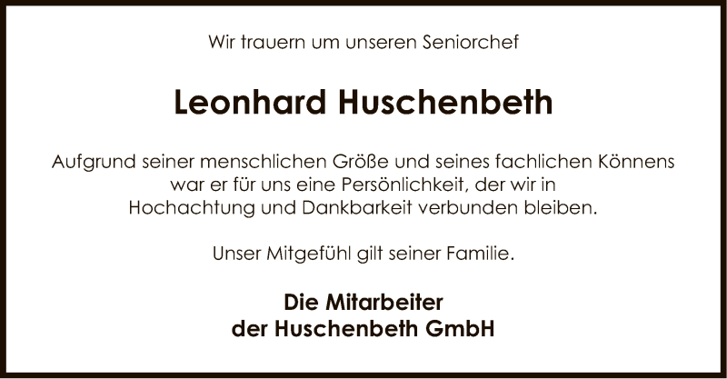  Traueranzeige für Leonhard Huschenbeth vom 27.02.2021 aus SYK