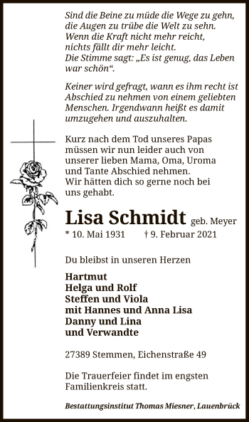 Traueranzeige von Lisa Schmidt von SYK