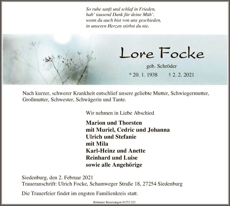  Traueranzeige für Lore Focke vom 05.02.2021 aus SYK