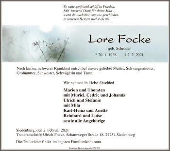 Traueranzeige von Lore Focke von SYK