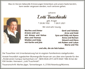 Traueranzeige von Lotti Truschinski von SYK