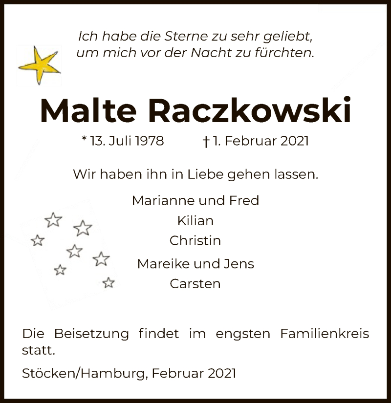  Traueranzeige für Malte Raczkowski vom 06.02.2021 aus SYK