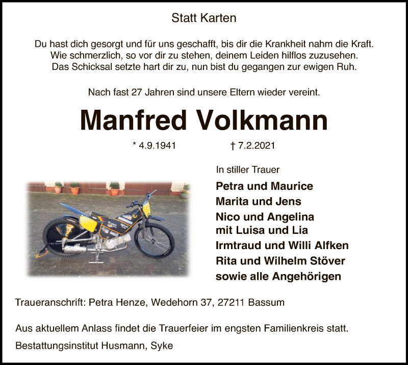  Traueranzeige für Manfred Volkmann vom 12.02.2021 aus SYK