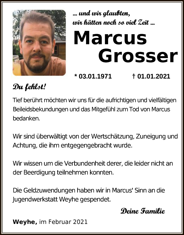  Traueranzeige für Marcus Grosser vom 13.02.2021 aus SYK