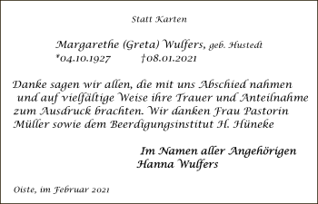 Traueranzeige von Margarethe Wulfers von SYK