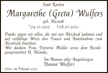 Traueranzeige von Margarethe Wulfers von SYK