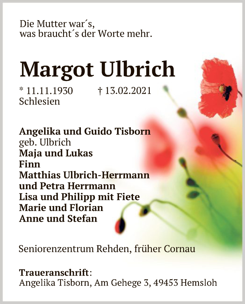  Traueranzeige für Margot Ulbrich vom 20.02.2021 aus SYK