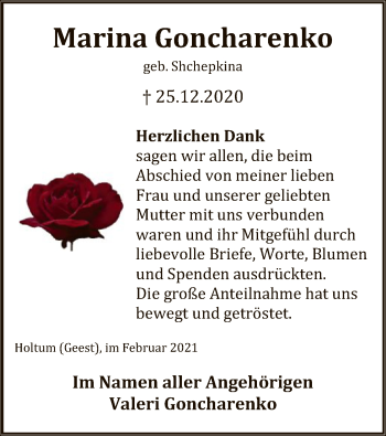 Traueranzeige von Marina Goncharenko von SYK