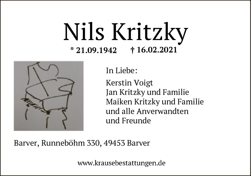  Traueranzeige für Nils Kritzky vom 19.02.2021 aus SYK