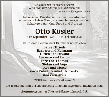 Traueranzeige von Otto Köster von SYK