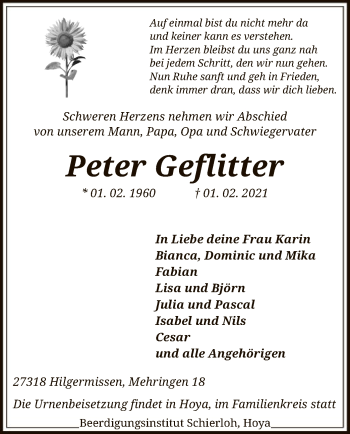 Traueranzeige von Peter Geflitter von SYK