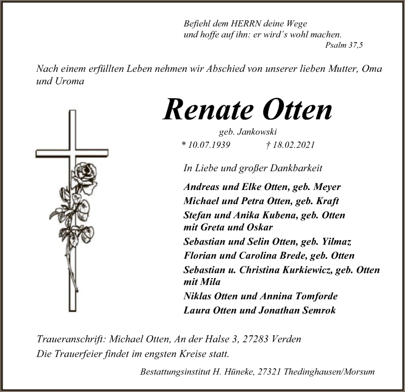 Traueranzeige für Renate Otten vom 23.02.2021 aus SYK
