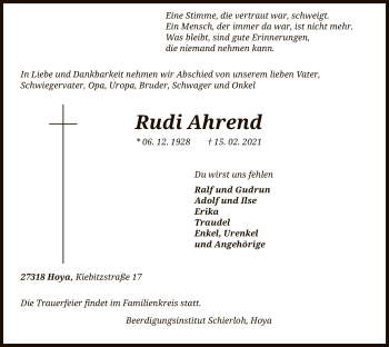 Traueranzeige von Rudi Ahrend von SYK