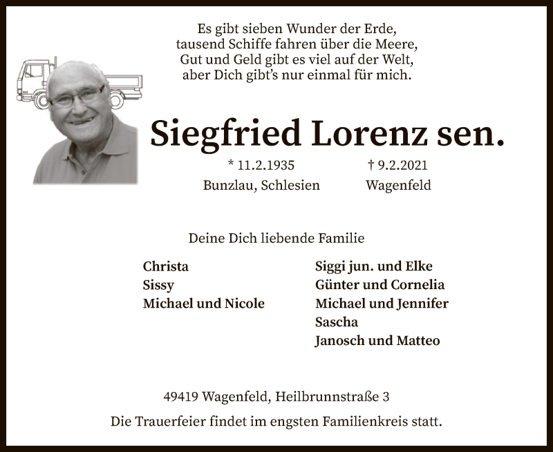  Traueranzeige für Siegfried Lorenz vom 13.02.2021 aus SYK