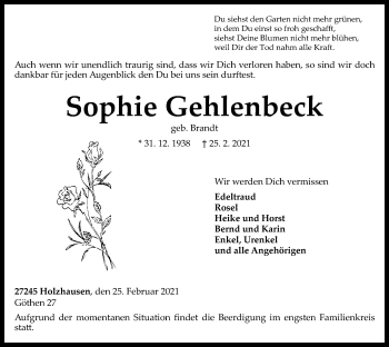 Traueranzeige von Sophie Gehlenbeck von SYK