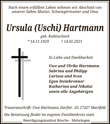 Traueranzeige von Ursula  Hartmann von SYK