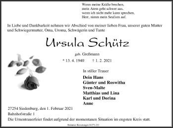 Traueranzeige von Ursula Schütz von SYK