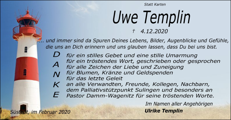  Traueranzeige für Uwe Templin vom 09.02.2021 aus SYK